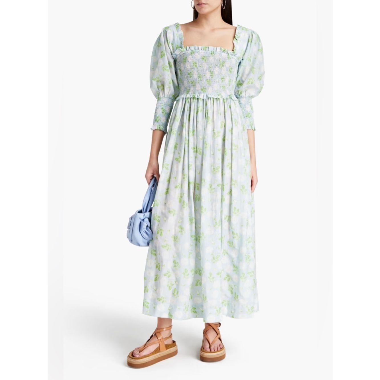 Ganni Floral-Print Cotton And Silk-Blend Smocked Maxi Dress Sky Blue Size 36 4